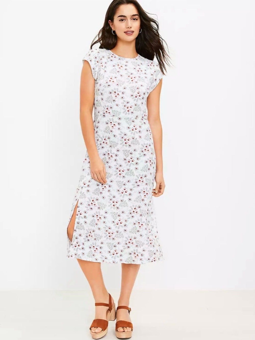 Loft Floral Ankle/Midi-Length Dress in White with Green, Blue & Pink Accents